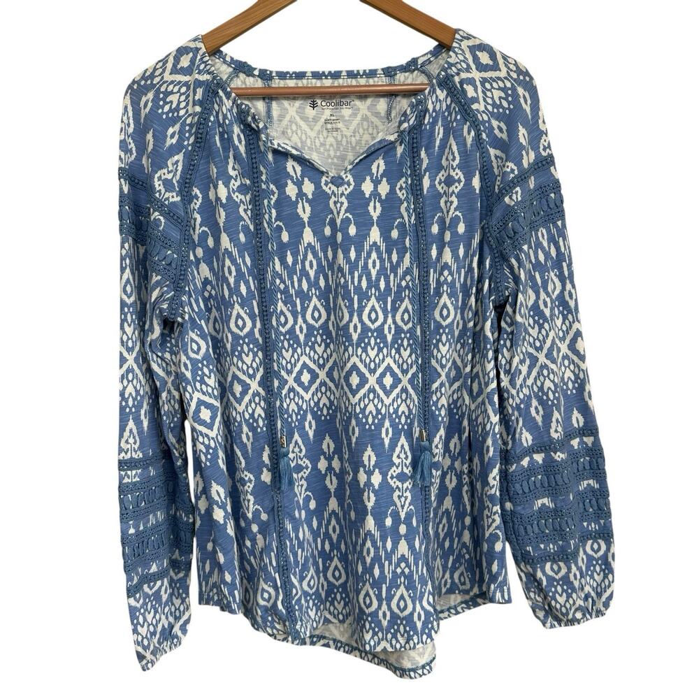 Coolibar Women’s Blue White Sarti Shirt UPF 50+ Long Sleeve Crochet Tassels XL